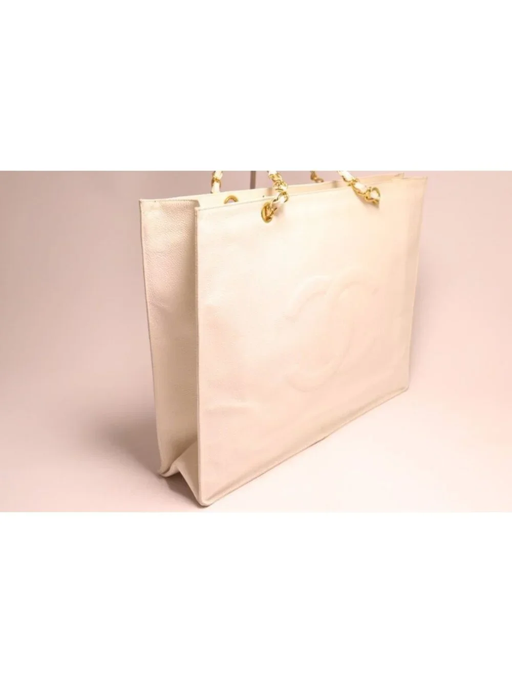 Chanel Caviar Leather Jumbo CC Logo White Chain Tote Bag